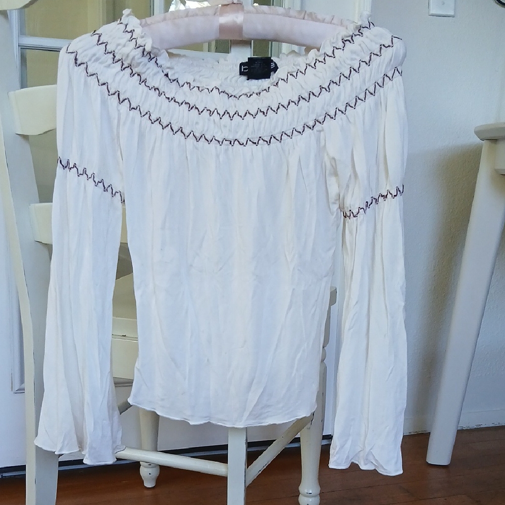 Bebe Cream Blouse with Brown Stitching